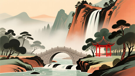 新中式山水瀑布石桥商业插画背景