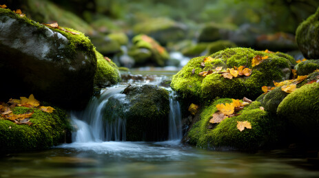 苔藓覆盖溪流与秋叶静景