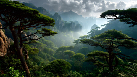 云雾缭绕的松林山景