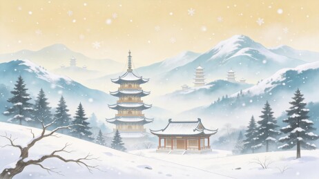 冬日古塔雪景国风插画