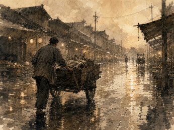 雨后市集推车收摊的商贩