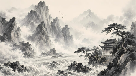 高山江水松树水墨3D图