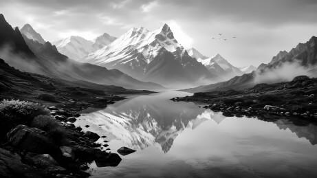 高山湖泊雪山黑白图