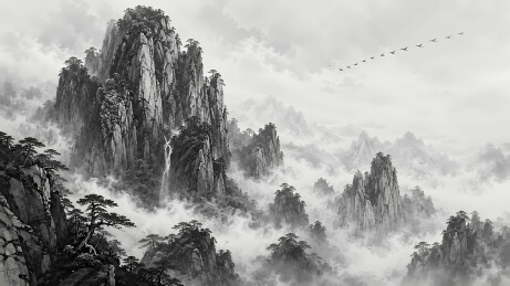 高耸山峰飞鸟水墨图
