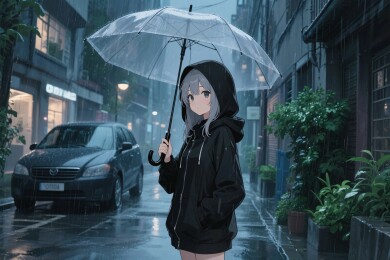 雨夜街景动漫女孩伞