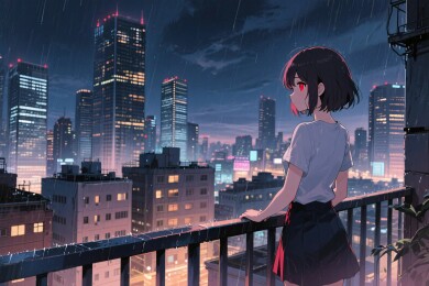 雨夜城市背影插画