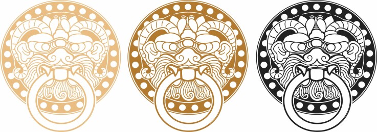 中式铺首衔环，瑞兽门环线稿