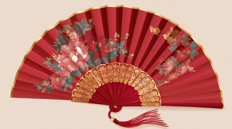 折扇展开花卉红金配色传统手工艺插画
