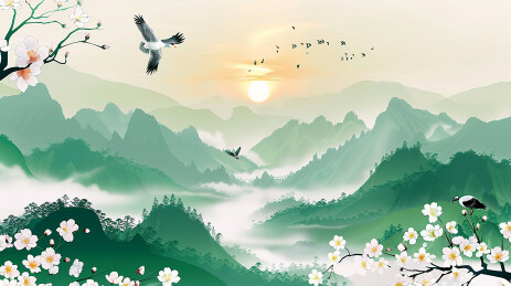 群山叠翠映朝霞