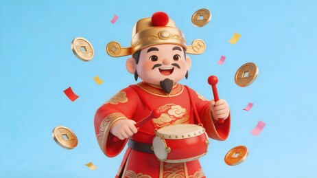 卡通财神敲鼓迎新春
