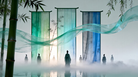 国风竹林屏风人物商业背景