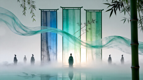 国风竹林屏风人物商业背景