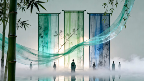 国风竹林屏风人物商业背景