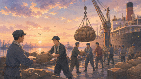 夕阳码头工人装卸麻袋