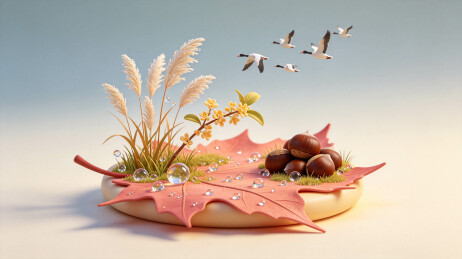 红枫芦苇秋日静物唯美插画