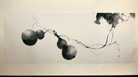 墨色葫芦圆果藤蔓宣纸留白