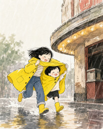 母子穿黄雨衣奔向影院
