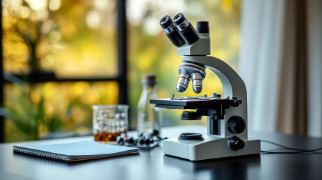 实验室桌上的显微镜和笔记本背景虚化