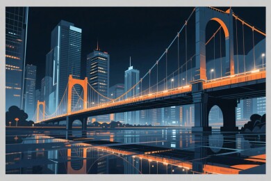 城市桥梁夜景插画