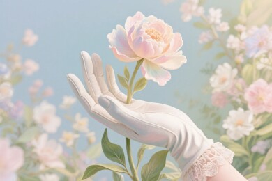 手捧花束的唯美插画