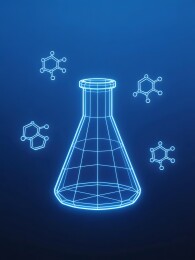 化学实验锥形瓶与分子结构线框渲染图