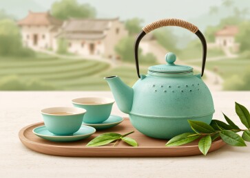 茶具与茶园风光