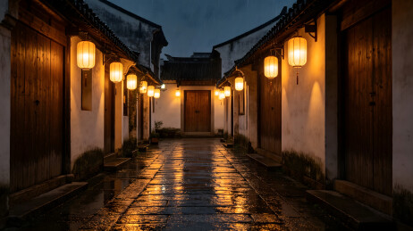 雨后古巷夜景插画