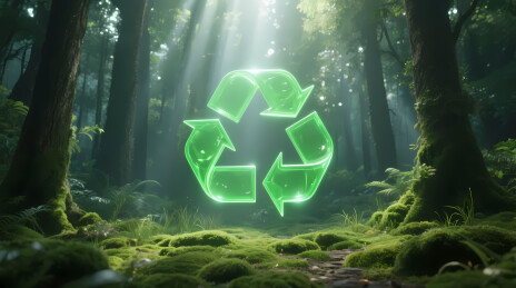 森林中悬浮的荧光绿回收标志