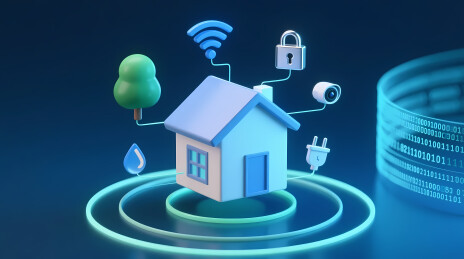 蓝白小屋环绕智能图标象征未来家居