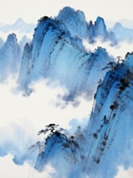 水墨山水画远山云雾松石