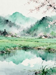 春日山水田园水墨风景画