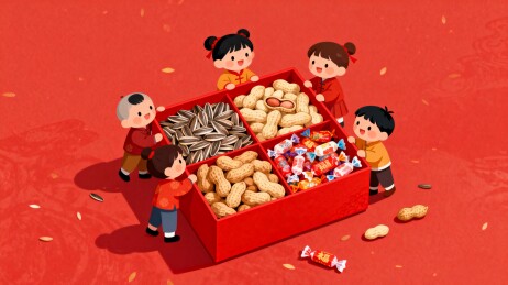 春节孩童与红色糖果食盒