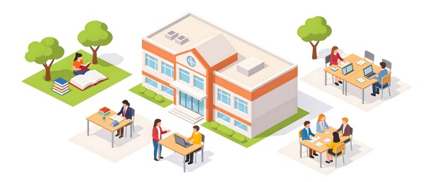 学校教学楼与学生学习场景插图
