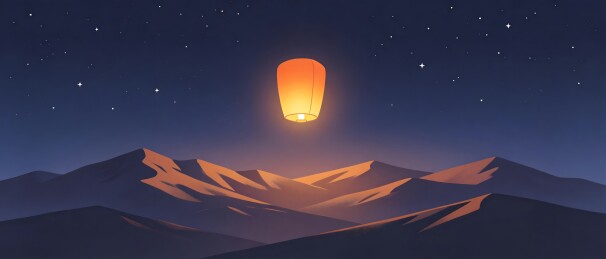 夜空山峦间漂浮的温暖天灯