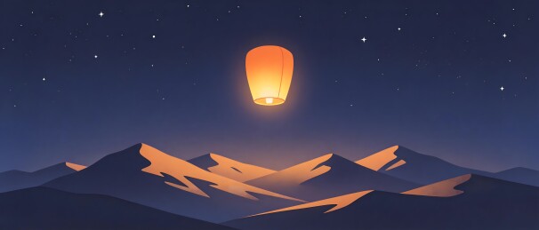 夜空下漂浮的天灯与远山