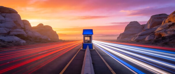 夕阳下高速公路车流光轨与收费亭
