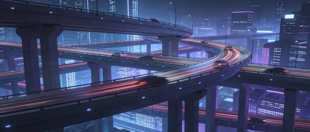 未来城市夜景高架桥车流光轨