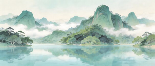 青绿山水云雾缭绕画面