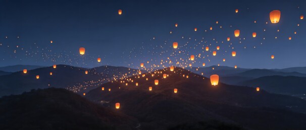 暗夜山峦间天灯如星辰