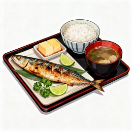盐烤青花鱼定食美食插画海报