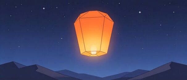 夜空下发光的天灯与远山