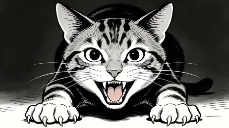 黑白插画中怒吼的虎斑猫