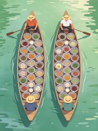 两艘载满碗碟食物在河面行驶