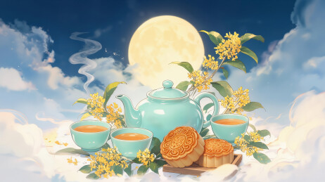 中秋茶壶月饼桂花插画