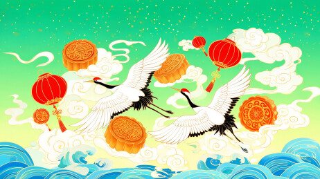 中秋佳节祥云仙鹤月饼灯笼插画