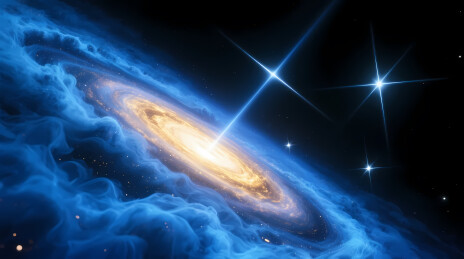 金黄核心螺旋星系与深蓝星云