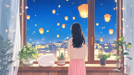 女孩窗边赏天灯插画