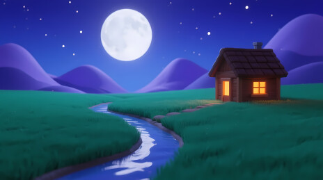 月夜下亮灯的小木屋与溪流