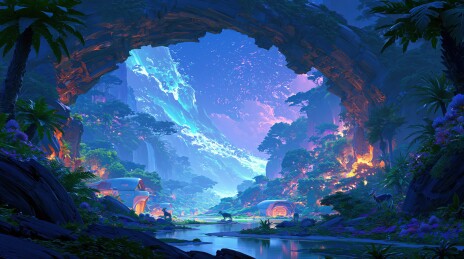 奇幻星球夜晚蓝色星空下石头砌筑圆形拱门