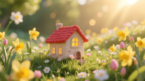 春日暖阳下红顶小屋与花海